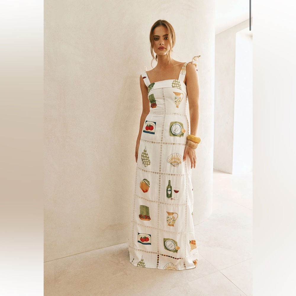 SABO SKIRT (Zaco Collection) SMALL White Printed Tie-Shoulder Maxi Dress